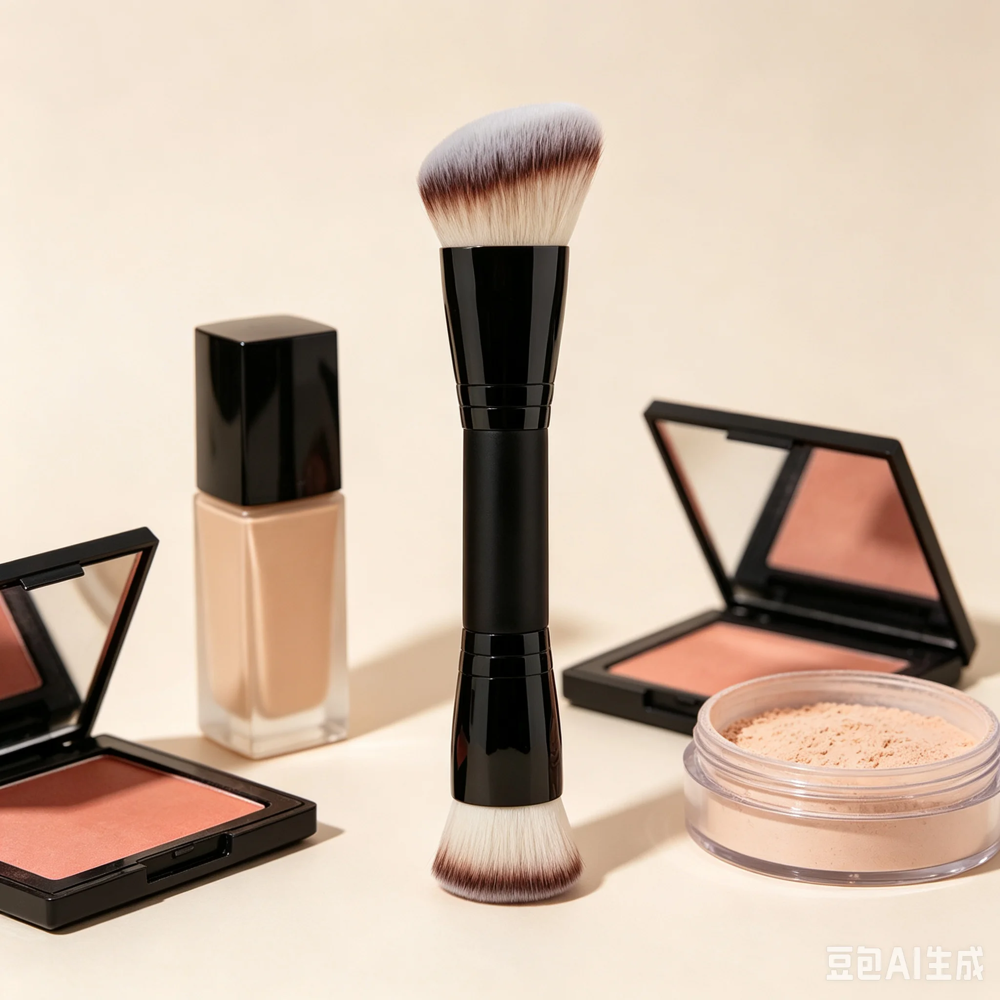 Double-Ended Multipurpose Facial Makeup Brush Compact All-in-One Brush for Foundation Blush Contour Loose Powder