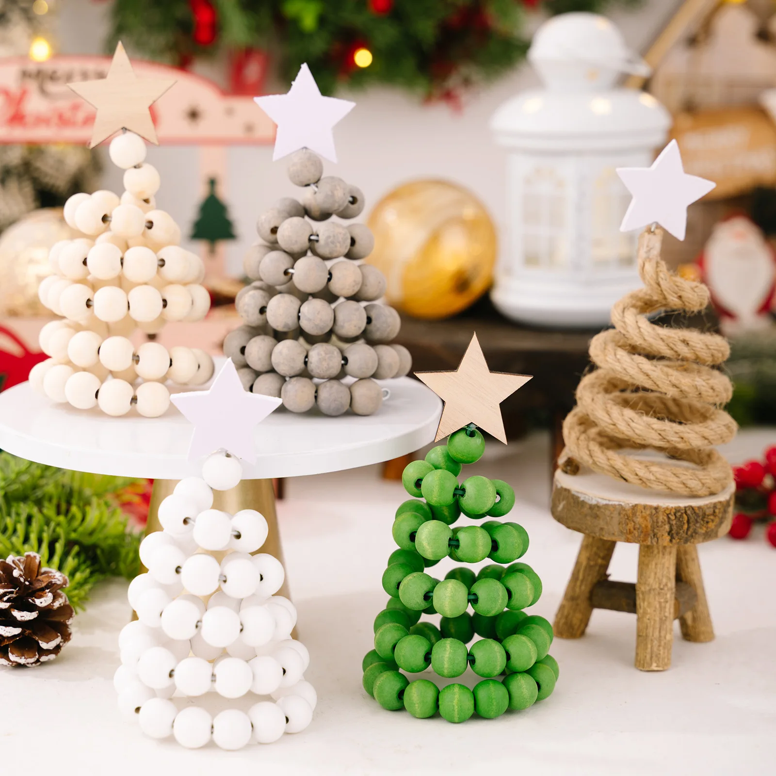 

Wooden Christmas Tree Tabletop Ornament, Mini Festive Holiday Decoration with Hemp Rope, Modern Boho Decor for Desk, Shelf