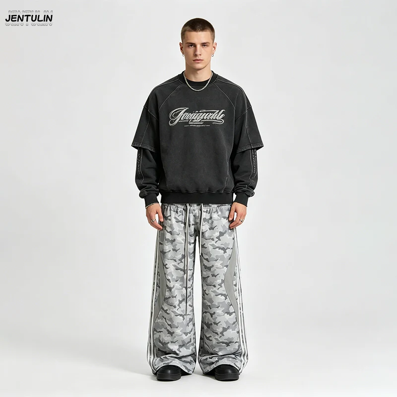Aesthetic Splicing Double Waist Camouflage Pants Men Loose Retro Street Trendy Rock Design Sensation Fake Two piece Casual Pants