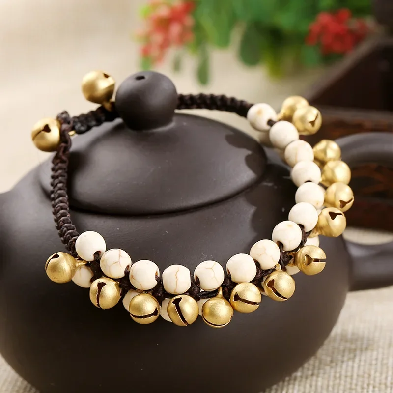 Bohemian Ethnic Style Semi-precious Stone Bell Retro Female Bracelet Wax Rope Hand-woven Beach Style Creative Female Bangle