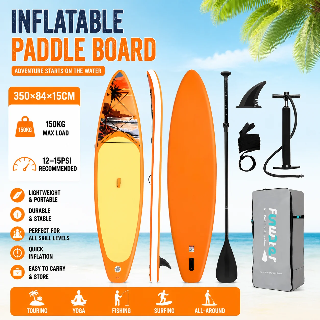 Funwater 350*84*15cm SUPFW54A Stand Up Paddle Board, geeignet für Sport, Freizeit, Yoga, Angeln und ultraleichtes Surfen mit rutschfestem Griff.