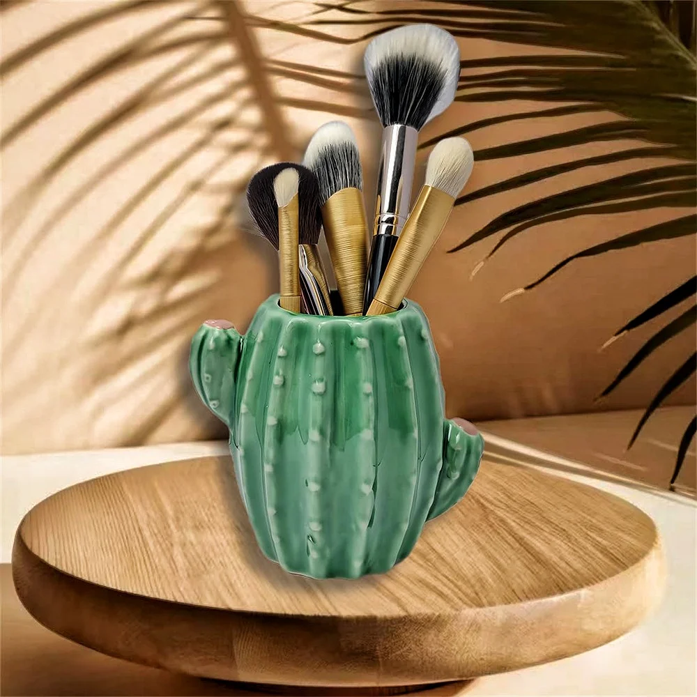 1 PC Cactus Ceramic Pen Holder Stand Cup Pencil Holder Organizer Makeup Brush Holders for Home Office Desk Green White Cactus