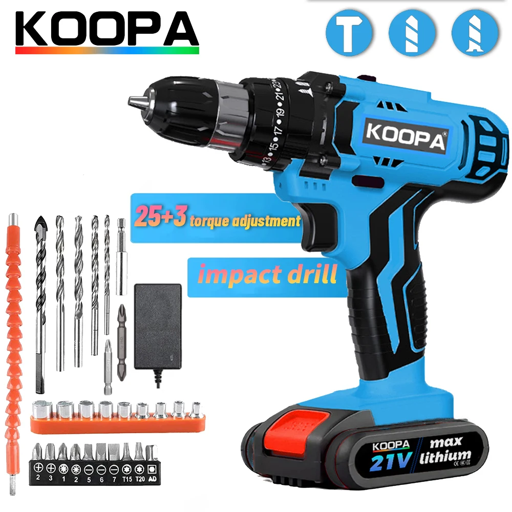 Koopa Tool 21V Portable Cordless Impact Drill Driver Screwdriver 2 Variable Speed 25+3 Torque Setting with battery and Drill set