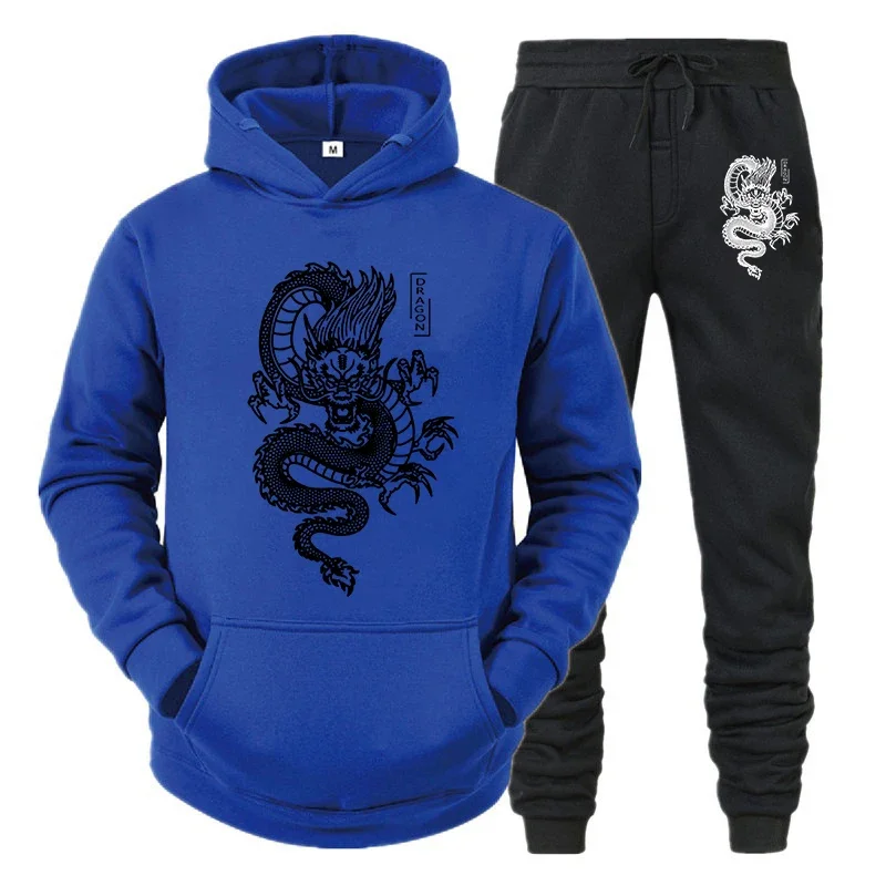 Men's hooded sweatshirt pants outfit - dragon patterned fleece casual sportswear for autumn/winter - men's streetwear