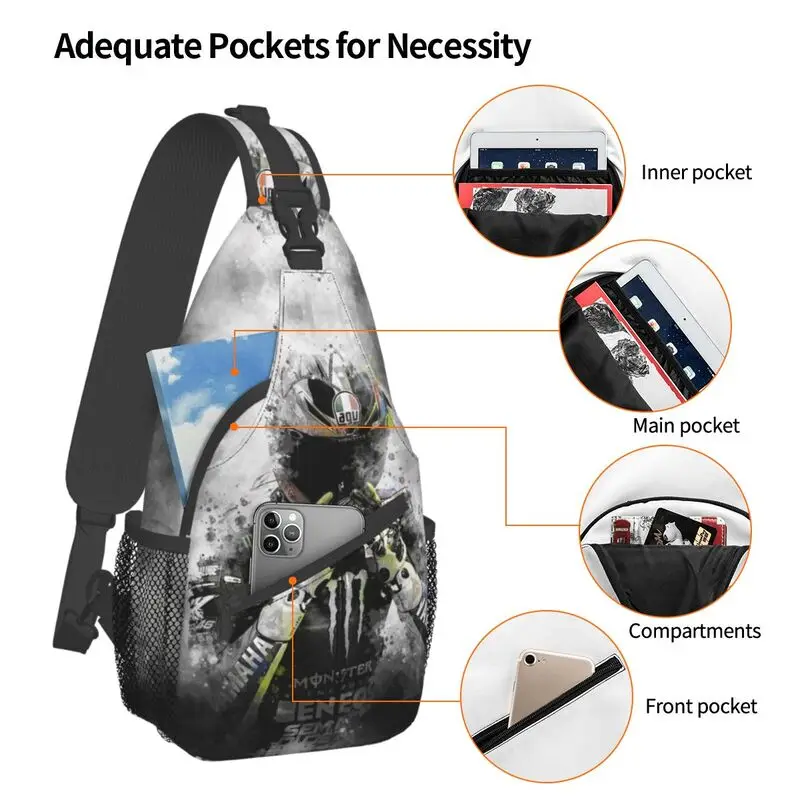 Motocicletas Rossi Crossbody Sling Mochila para homens, bolsa de ombro personalizada no peito para viagem, mochila para caminhadas