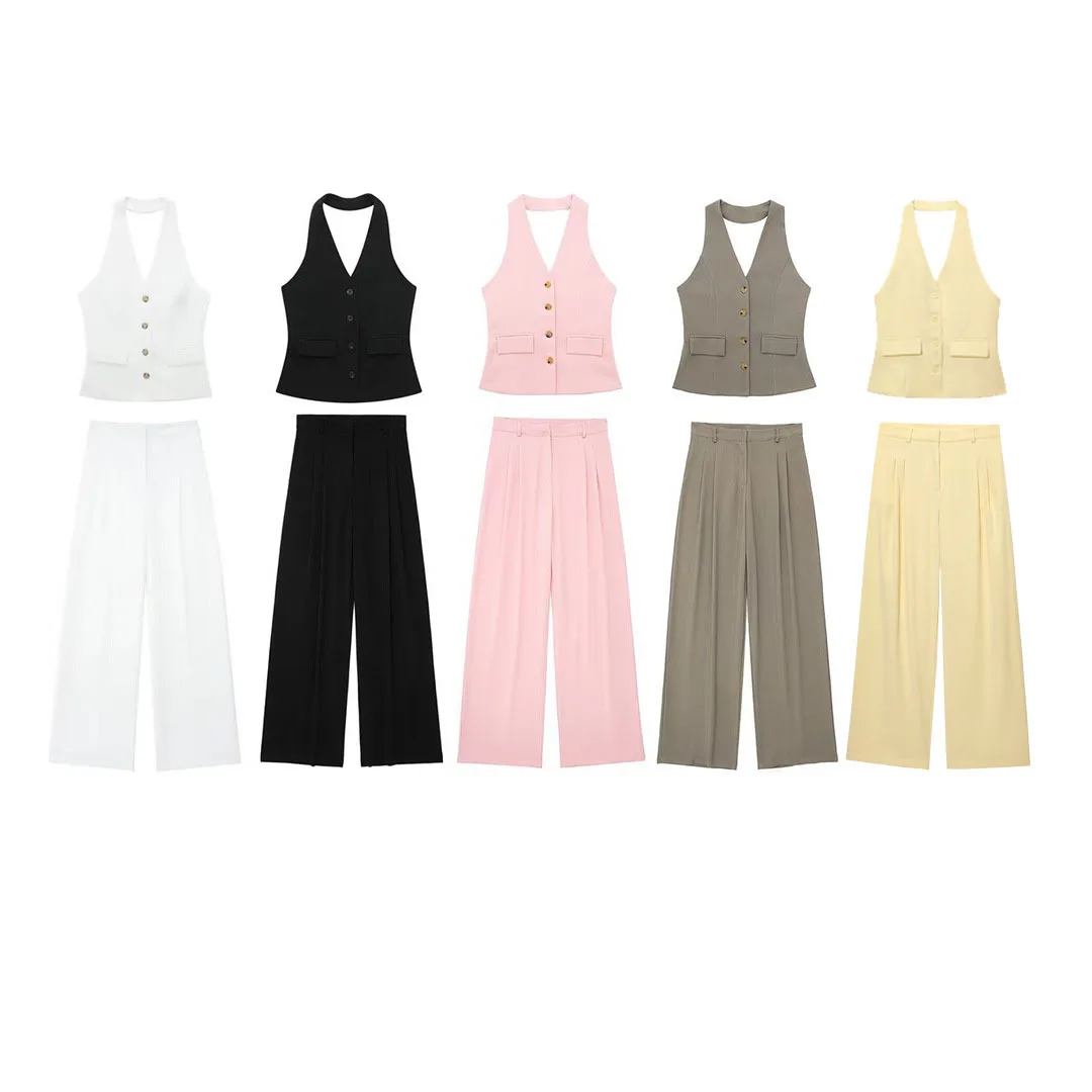 

Women's Commuter Two-Piece Backless Single-Breasted Sleeveless Backless Vest Top High Waist Zipper Pocket Wide-Leg Pants