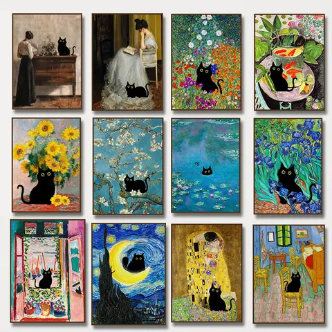 Vintage Funny Black Cat Wall Art Van Gogh Starry Night Claude Monet Artworks Poster Canvas Painting Aesthetic Room Home Decor