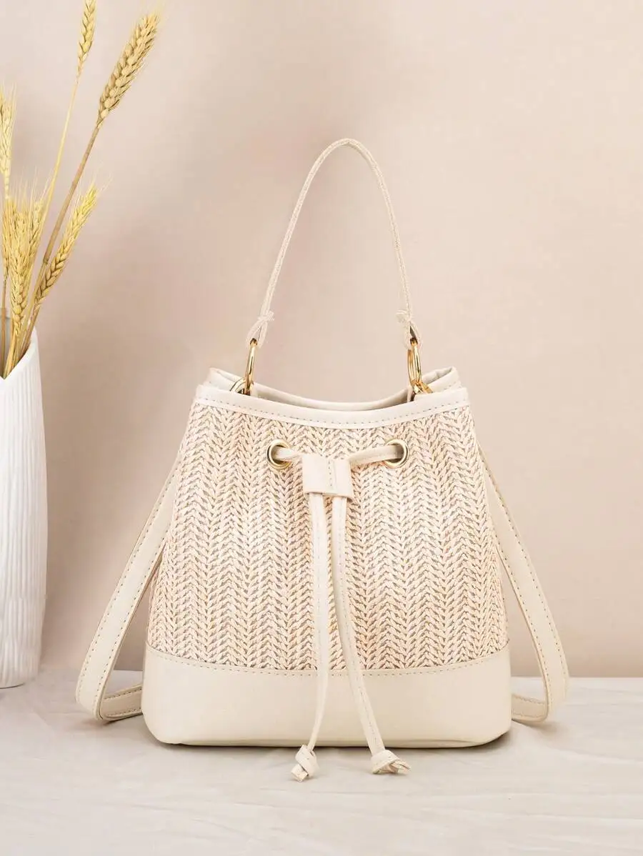 

Cream Woven Straw Drawstring Bucket Bag with Leather Trim