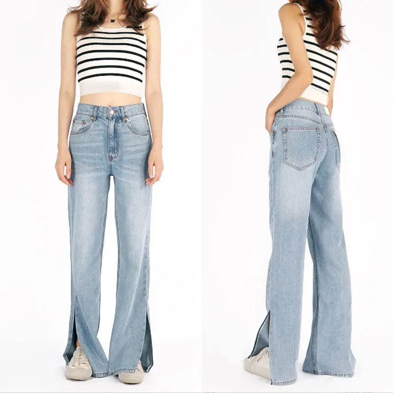 Women side slit jeans high waist fashion casual lady denim pants