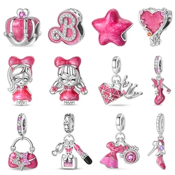 New 925 Silver Fashion Pink Princess Skirt Bag Lipstick Charms Beads Fit 3mm 925 Original Bracelet DIY Jewelry Birthday Gift