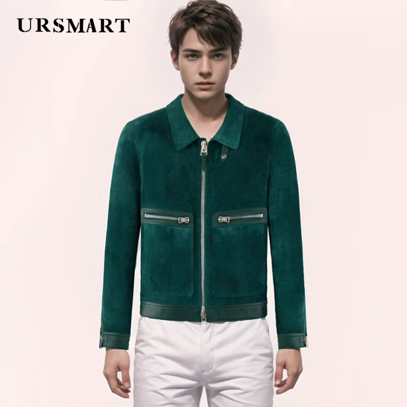 

Men's High-Quality Color Blocked Suede Jacket - Classic British Fashion, Custom Peacock Green Sheepskin Coat