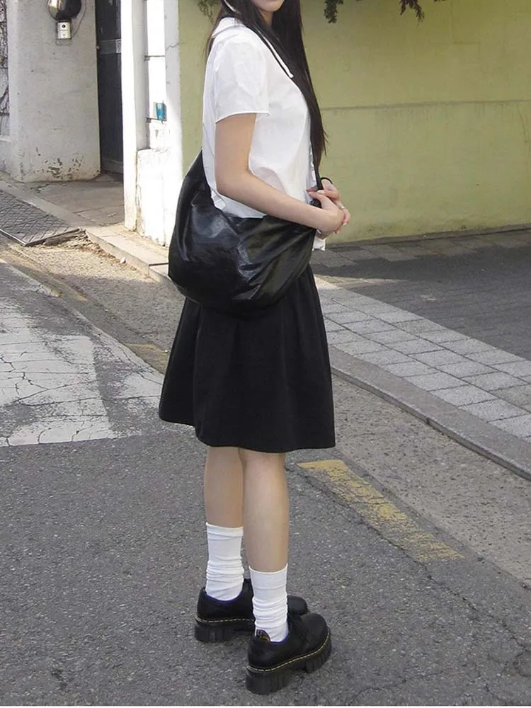 Classic Japanese Style Skirts High Waist Pure Color Double Button Slimming A Line Fluffy Skirt for Women White Shirts Tops - view 3