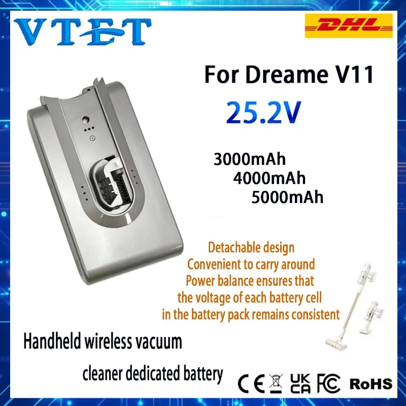 VTET For Dreame V11 Handheld Vacuum Cleaner Lithium Battery, 25.5V Lithium Battery, Temperature Protection, Detachable Design