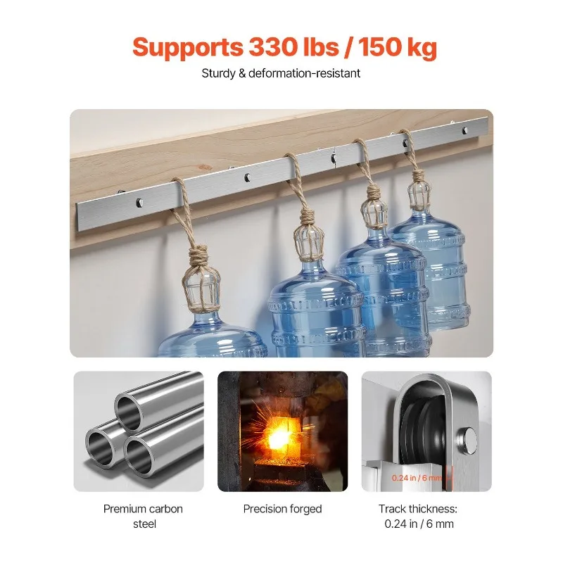 طقم أدوات باب الحظيرة المنزلقة بطول 5 أقدام لباب الحظيرة المنزلق الفردي باللون الفضي