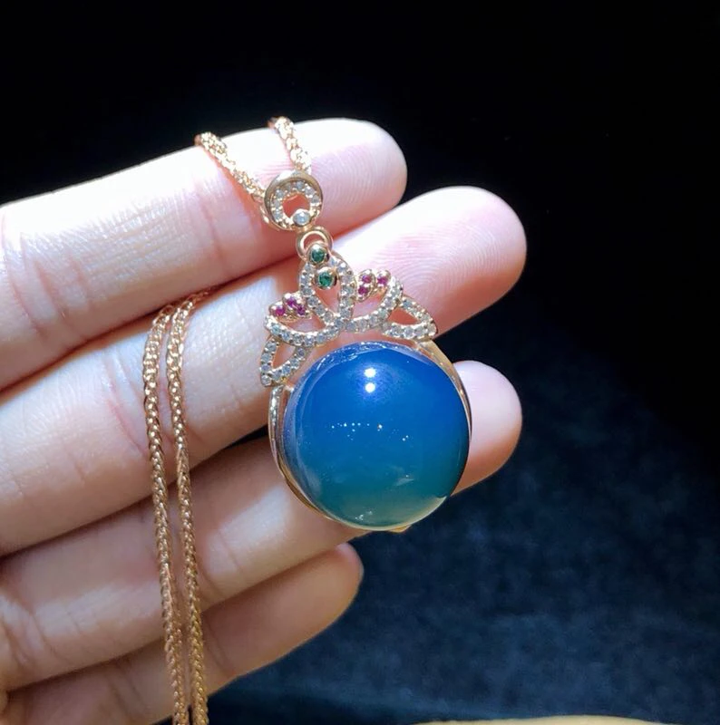 Natural Mexican Blue Amber Pendant 17mm Solid Silver Flower Design with Diamond Halo Round Cabochon Stone Jewelry Gift for Women