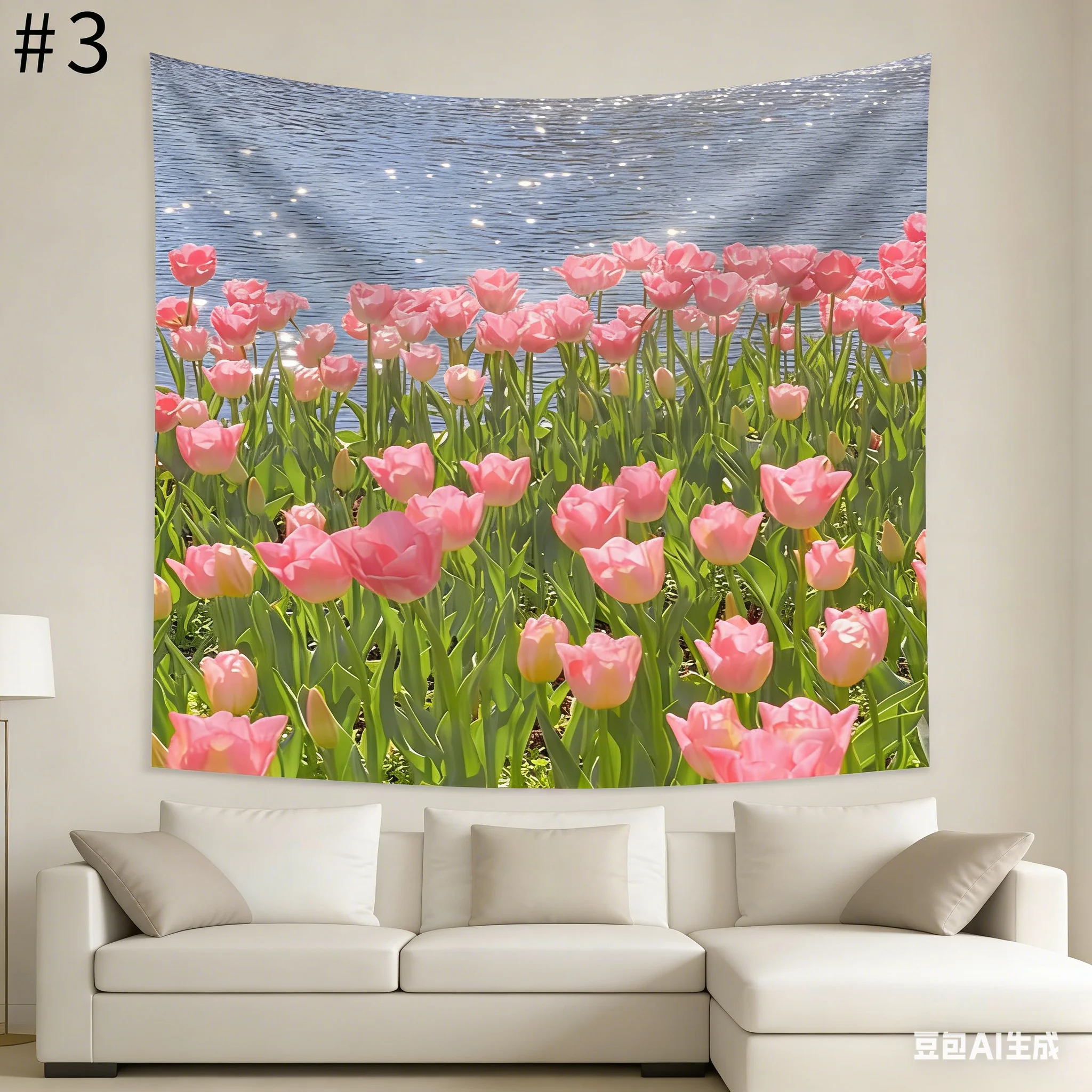 1pc Pink Tulip Flower Tapestry, Lake Nature Landscape Wall Hanging, Polyester 2D Print, Floral Decor for Bedroom, Gift for Plant