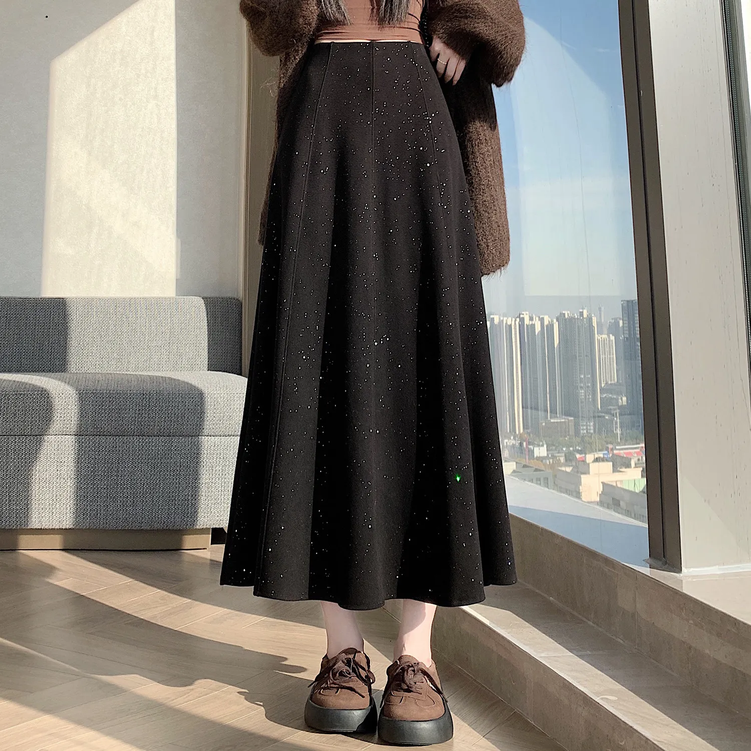 Women New Sequined A-line Woolen Skirt 2026 Autumn Winter Thickened High Waist Skirts Female Long Loose Big Swing Skirt U595