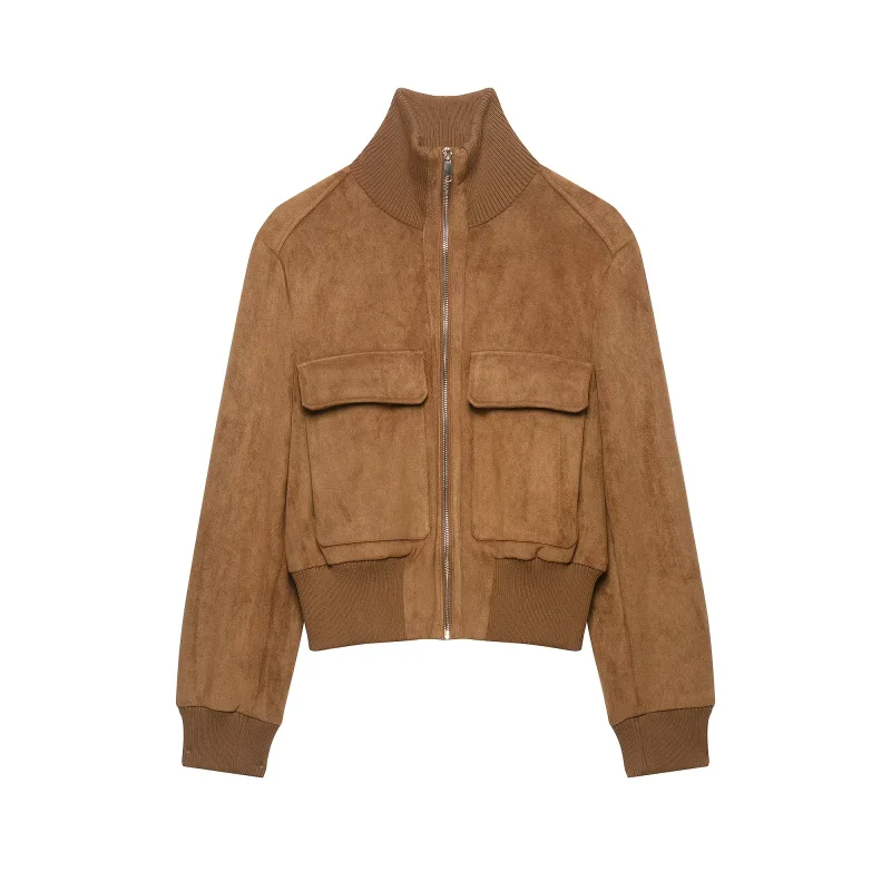 Damen-Jacke aus Wildlederimitat, Herbstkollektion, mit geripptem, hohem Kragen, Reißverschluss, langen Ärmeln und Taschen, kurze Vintage-Oberbekleidung. – Detail 9