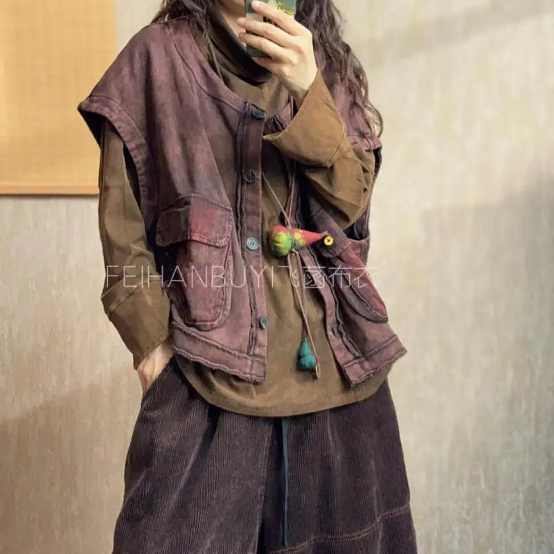 

Spring Autumn Arts Style Women Sleeveless Single Breasted O-neck Short Coats Double Pockets Cotton Vintage Vest High Quality