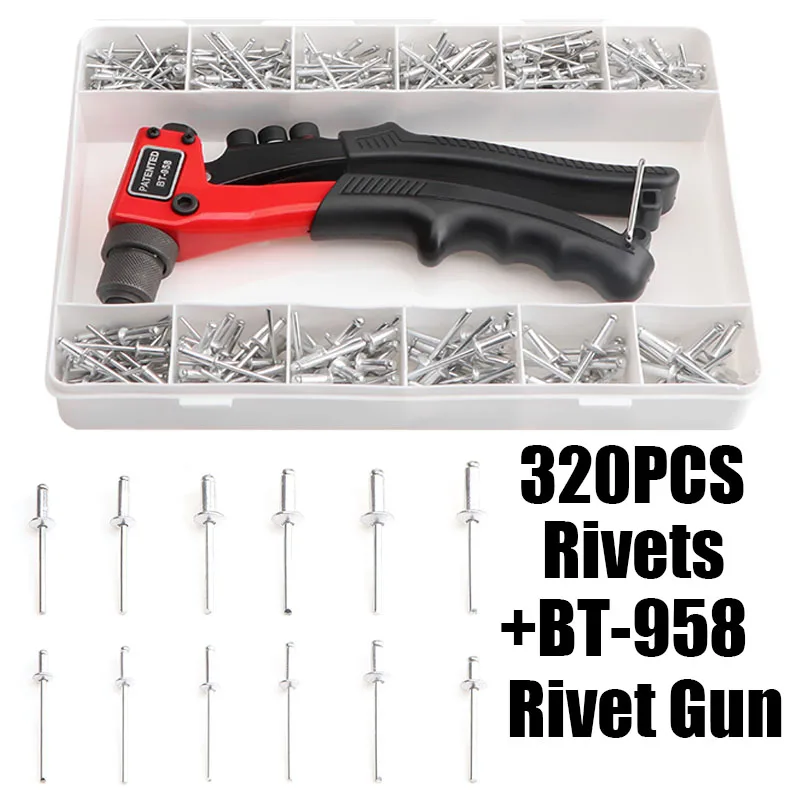 

320pcs Aluminum Rivets +BT-958 Rivet Gun Single Hand Blind Riveter Manual Riveting Tool Hand Rivets Gun BT-958