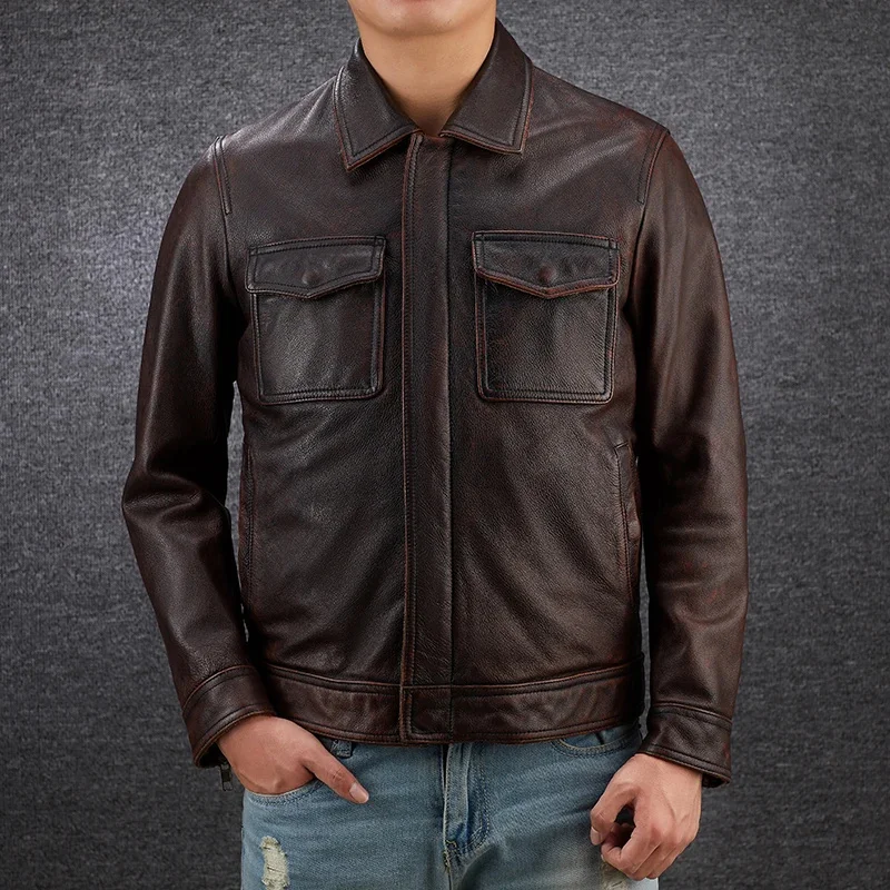 YR!Free shipping.wholesales cowhide jacket.men genuine leather coat.vintage casual outwear.classic clothing