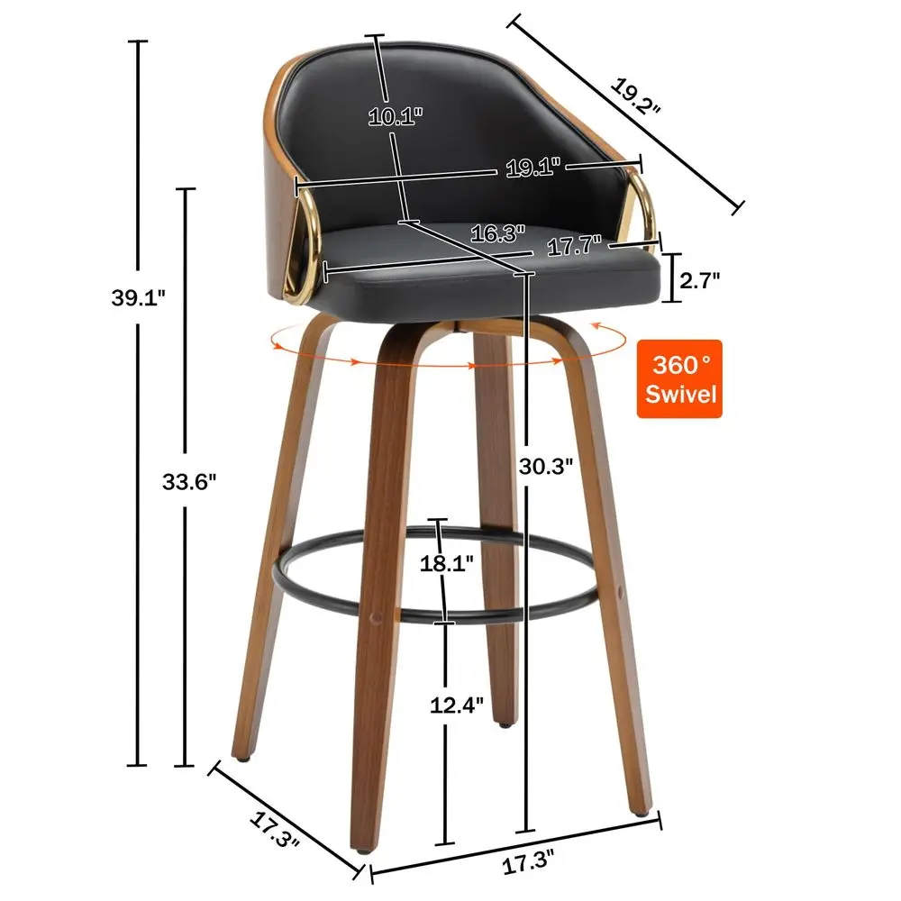 

Swivel Bar Height Bar Stools Set of 2,Black Leather Tall Barstools Mid Century Modern Bar Chairs with Wood Legs and Golden Arms
