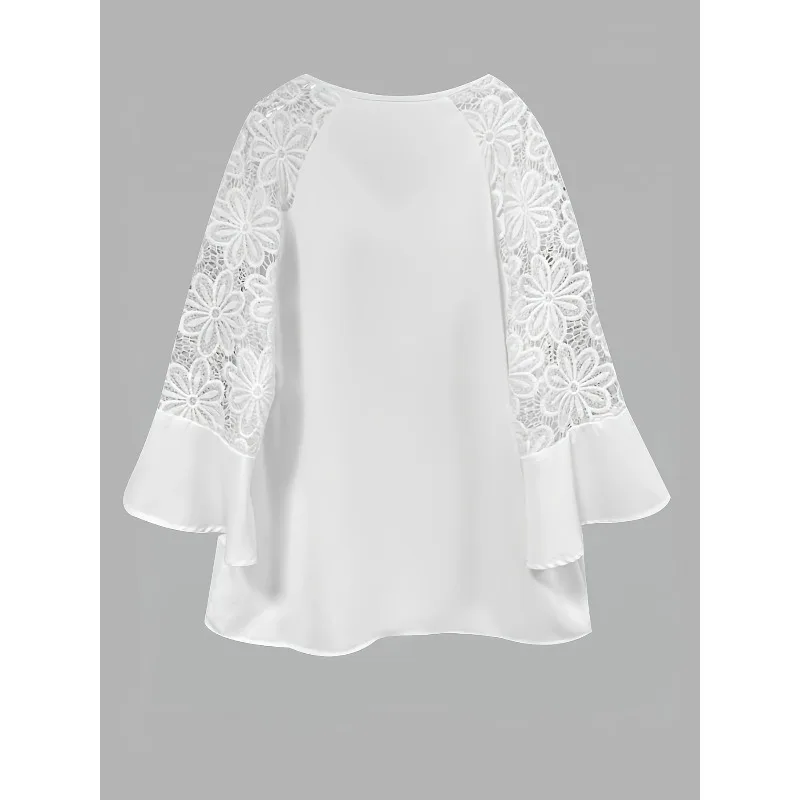T-shirt femme blanc manches sept-quarts dentelle couture sangle col rond couleur unie chemise femme