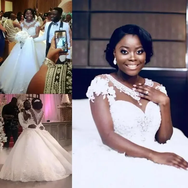 

Customized Sequins African Wedding Dresses Plus Size Ball Sheer Neck Cap Sleeve Flower Lace Bridal Gowns Custom
