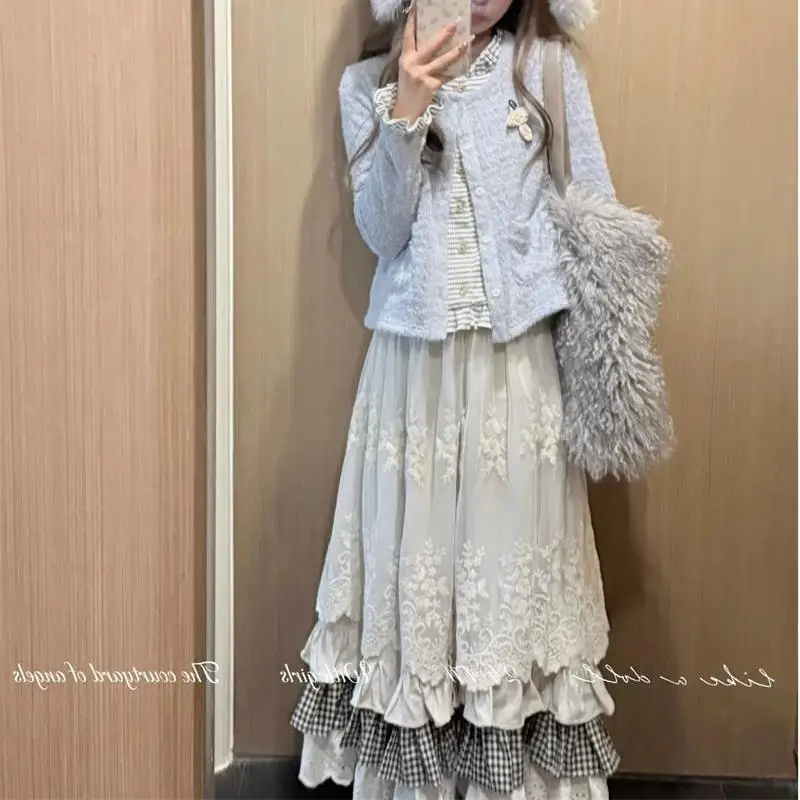 

Women Sweet Vintage Mori Girl Style High Waist Splicing Plaid Long Skirt Winter New Korean Fashion Beige Lace Kawaii Maxi Skirts