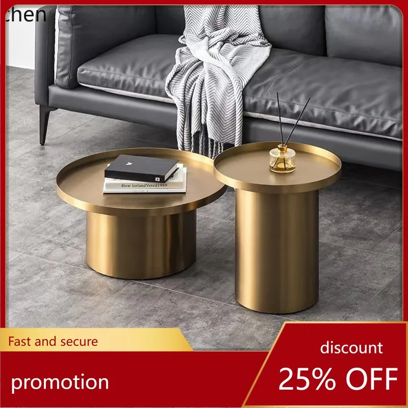 YFY Modern Minimalist Living Room Coffee Table Set Stainless Steel Titanium Gold Large and Small Round Coffee Tables