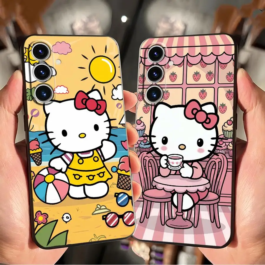 حافظة سانريو هالو كيتي اللطيفة لهاتف سامسونج جالاكسي S25 Edge S23 Ultra S20 S24 Plus S21 FE غطاء هاتف ناعم أسود