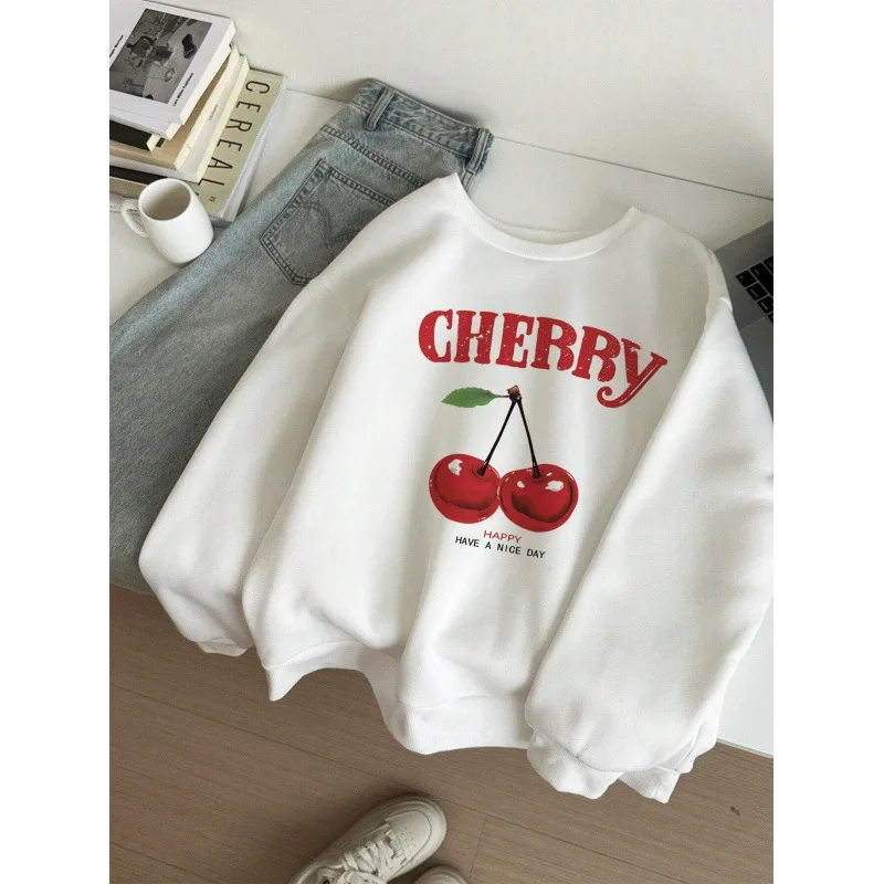 

Свободный удлиненный свитер с вишневым принтом для женщин, осенний, повседневный, удобный, из полиэфирного волокна, милый, с круглым вырезом