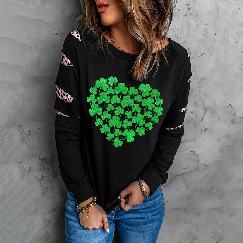 Women's Oversized Long Sve Hoodie Print Design Four Le Clover Heart aped Leopard Pattern Autumn New Sle Top