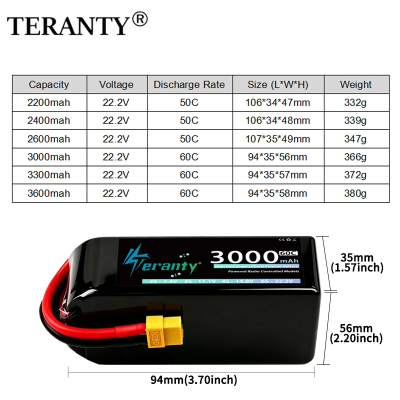 TERANTY 6S Lipo Battery 2200/2400/2600/3000/3300/3600mAh 22.2V 60C with T/XT60/XT90 for RC Car Truck Tank RC Airplane FPV Drone