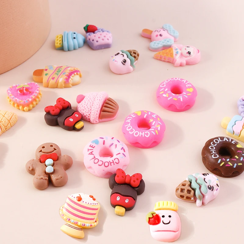 Mini resina traseira plana cabochão, 10pcs, bonito, doce, comida, sobremesa, rosquinha, bolo, diy, scrapbooking, para meninas, arcos de cabelo
