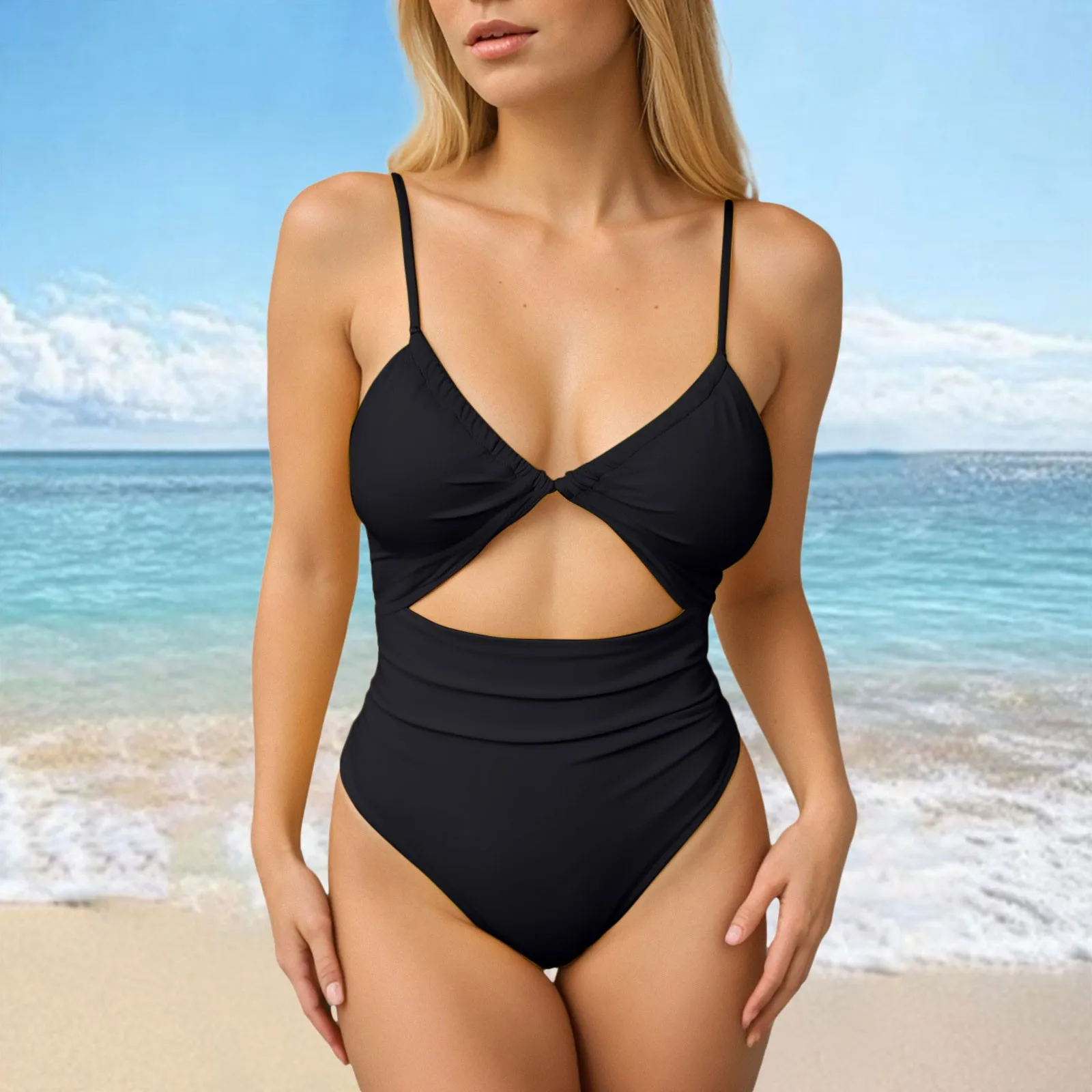 

Elegant Women'S Cut Out One Piece Bikini European Sexy Spaghetti Strap Swimming Suit With Solid Color Tummy Revealing Swimsuit
