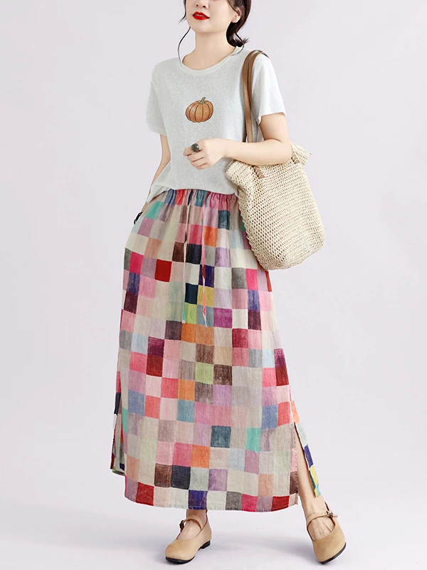Retro Washed Linen Casual Digital Print Half Skirt Brand Women's Fashion Early Autumn New Style Artistic Commute Skirt