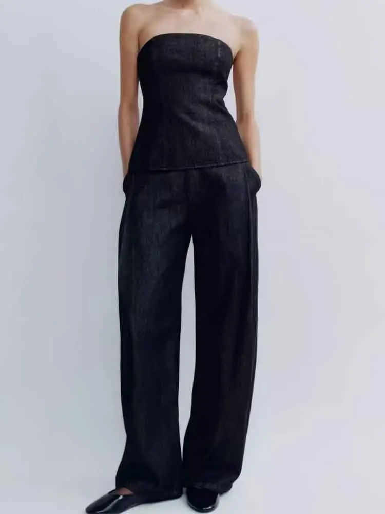 

New arrival women's European and American style black denim off-shoulder straight collar chest wrap top
