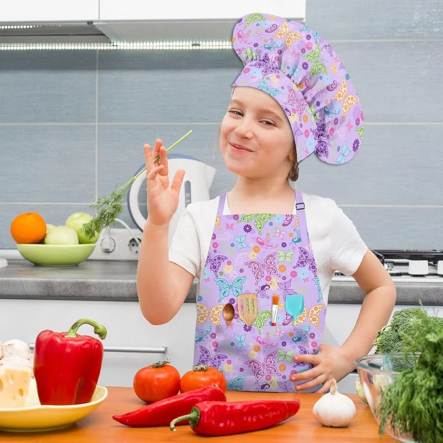 مجموعة قبعة الشيف ومريلة مع جيبين كبيرتين للفتيات والأولاد، مآزر أزياء الشيف القابلة للتعديل للخبز Cng