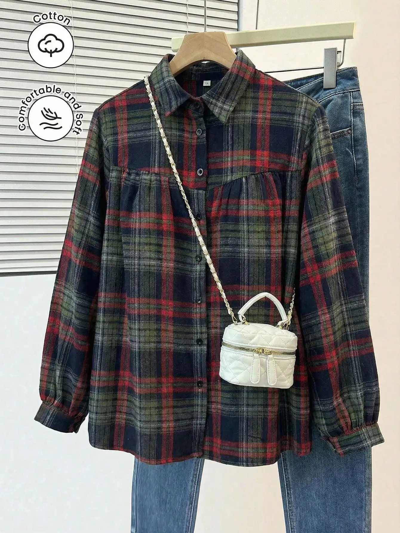 

Повседневная свободная рубашка с длинным рукавом и клетчатым принтом для женщин, весна-осень