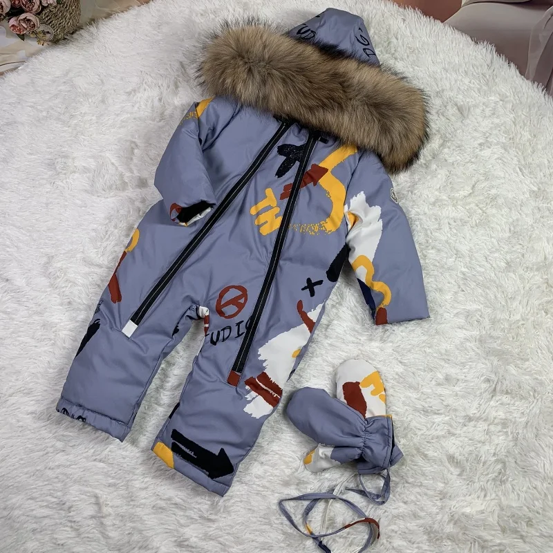 Real fur 2024 Winter Jacket child jackets children jumpsuit  snow suit girl down romper ski suits outerwear