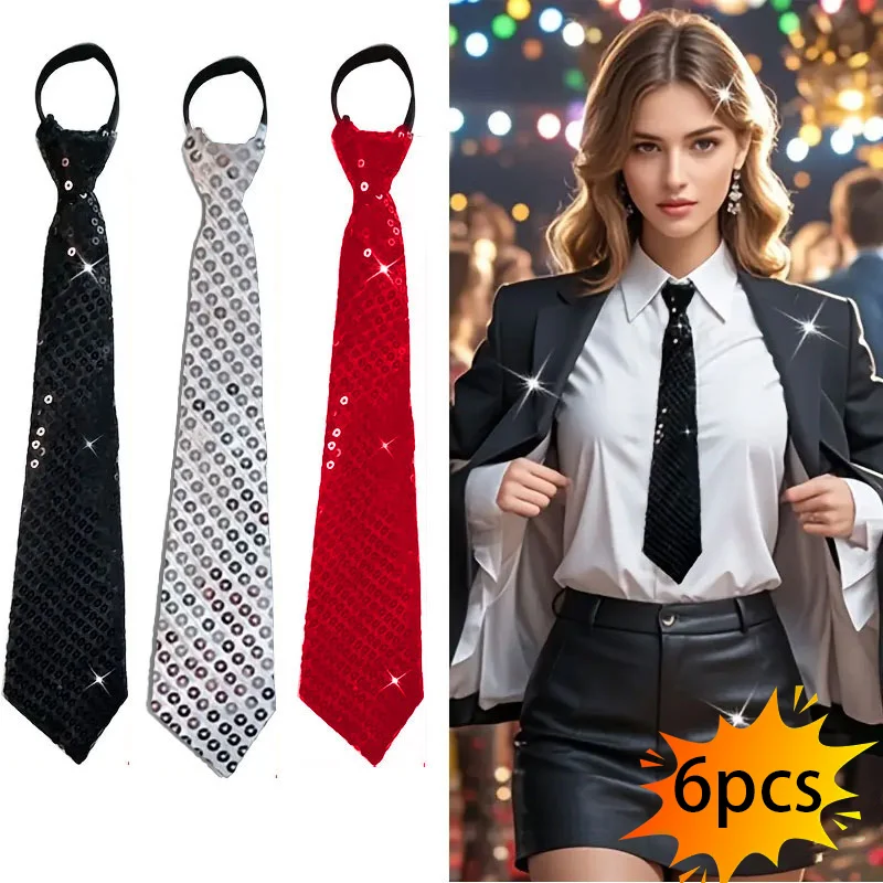 6Pcs Sequin Zipper Tie, Wide Style, No Need to Tie, 8cm (3.15inch) Polyester, Black, Silver, Red, Multi-Color, Unisex, Shiny, Stage Performance, Annual Meeting, Party, Host, Suit Accessories