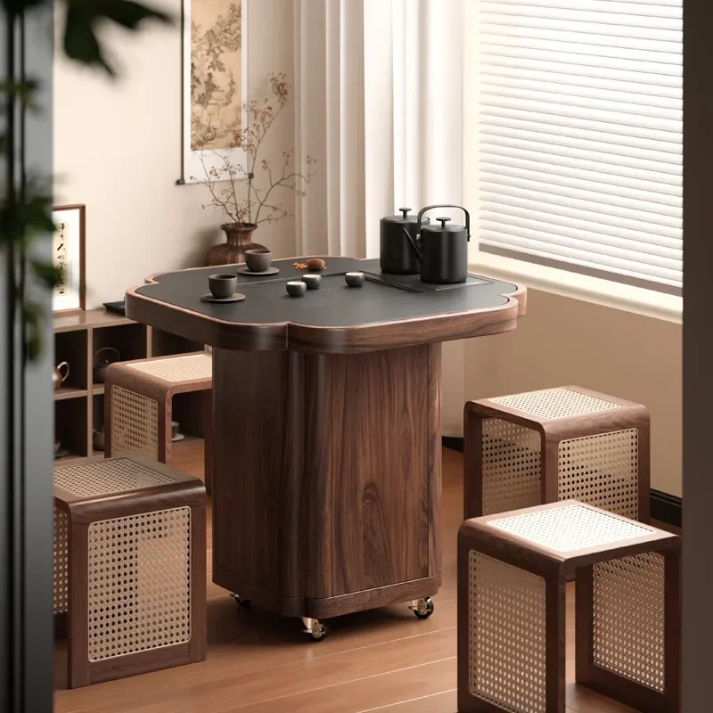 Solid wood movable table Living room tea cabinet with tea making small apartment balcony