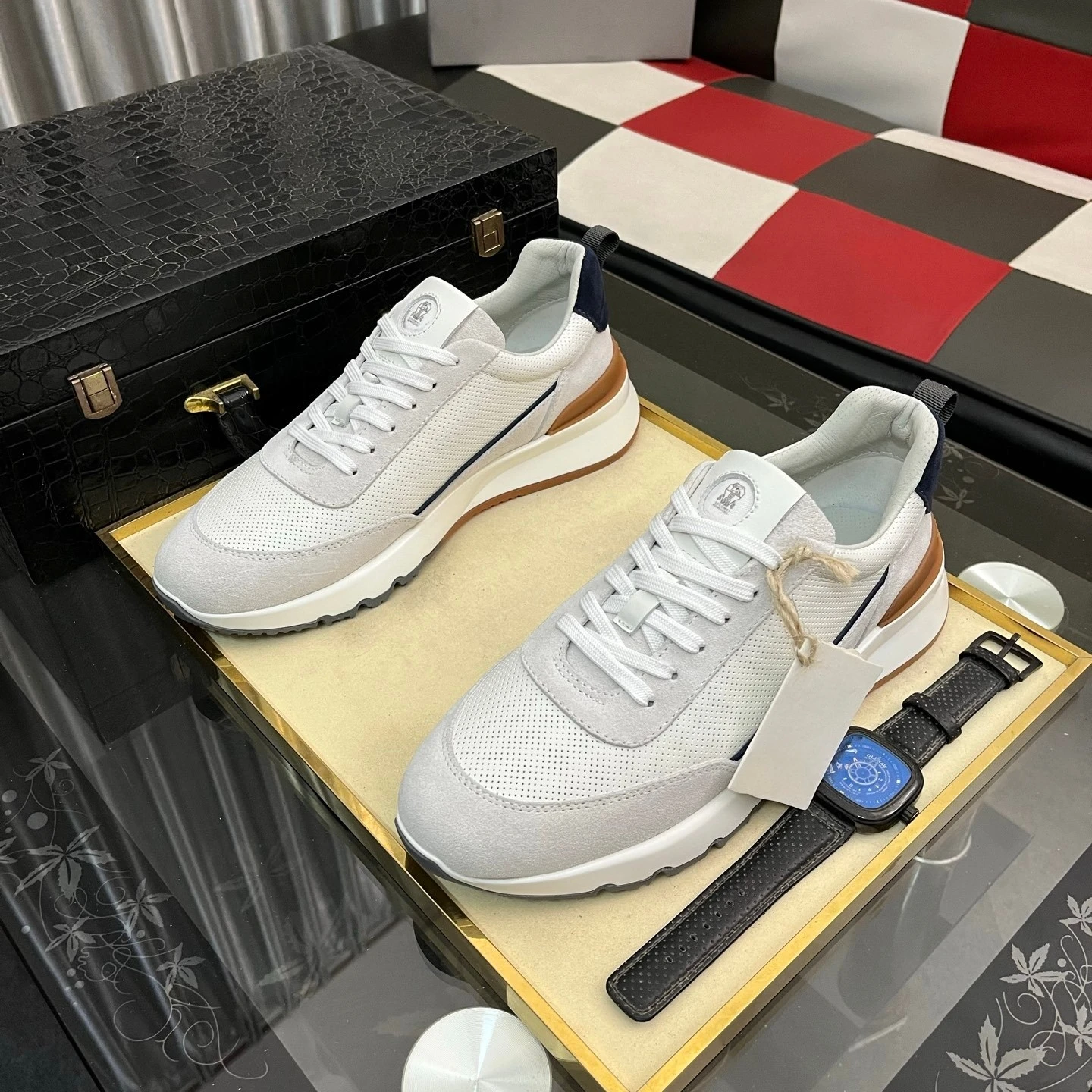 Luxe merk herenschoenen Handgemaakte casual sneakers Jacquard nylon stof met suède wandelschoenen, fietsschoenen, hardloopschoenen, vakantiegeschenken
