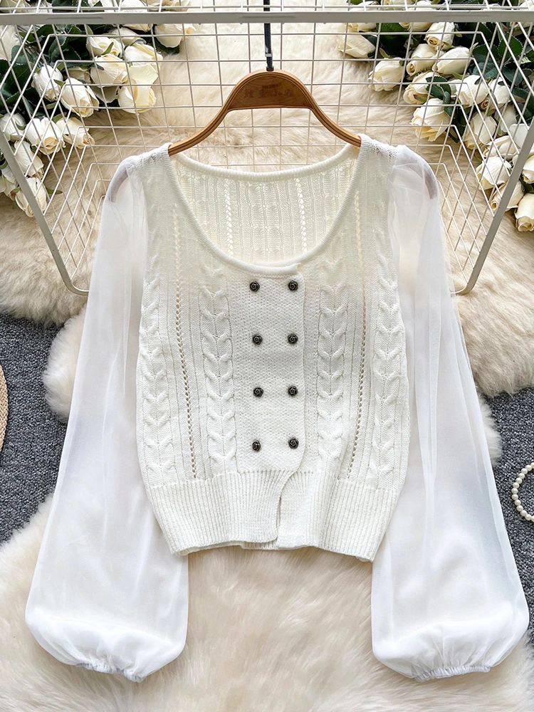 Cardigan femme chemise japon coréen Chic maille à manches longues Patchwork col rond tricoté Cardigan décontracté petit haut CG018