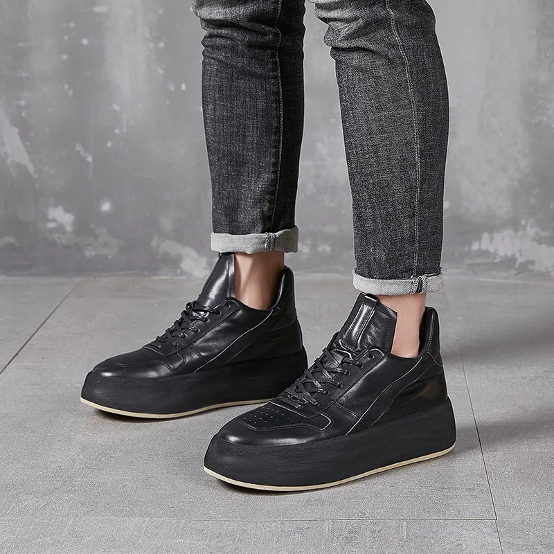 New Fashion Men High Top Board Shoes Genuine Leather Thick Bottom Outdoor Casual Sneakers Youth Sports Shoes
