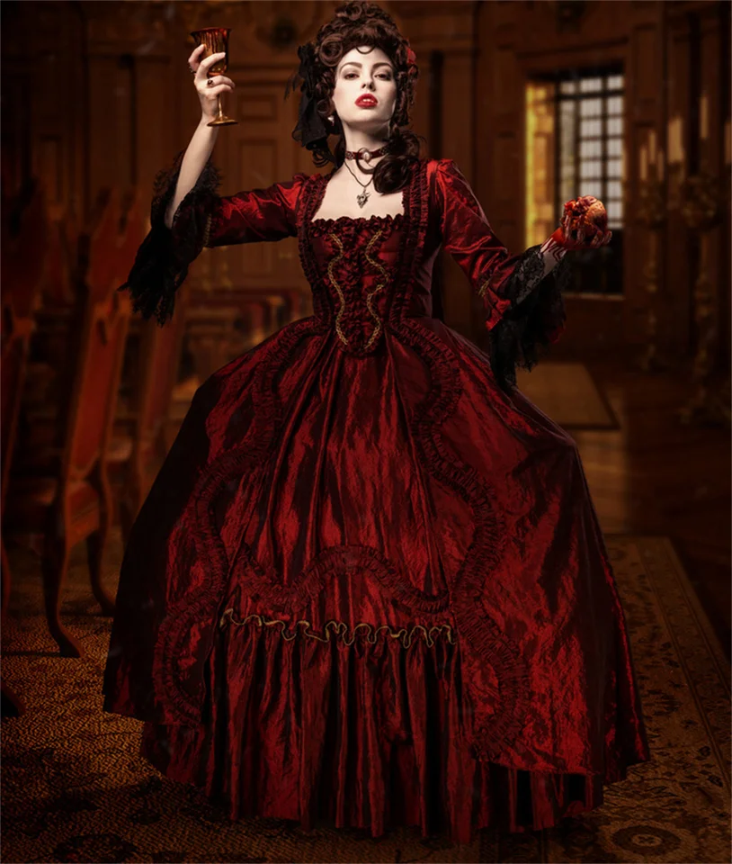 women's red and black dress for a vampire coronation Burgundy Gothic Victorian Costume Royal French Court Marie Antoinette Cosplay goth Duchess Wedding Dress Ball Gown EMBELLISHMENT_Appliqued crystal rhinestone birthday dress Size:10W The subtle details