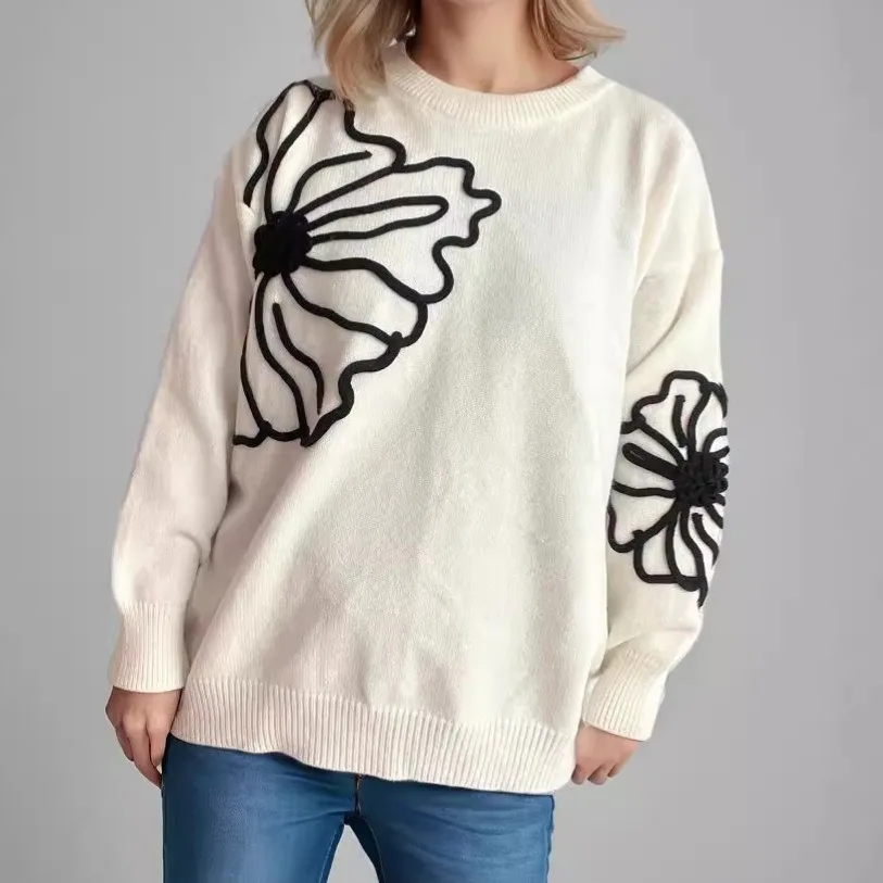 Autumn and Winter New Embroidered Large Flowers Knit Jumper Jumper Round Neck Casual Three-dimensional Flowers Jumper Women