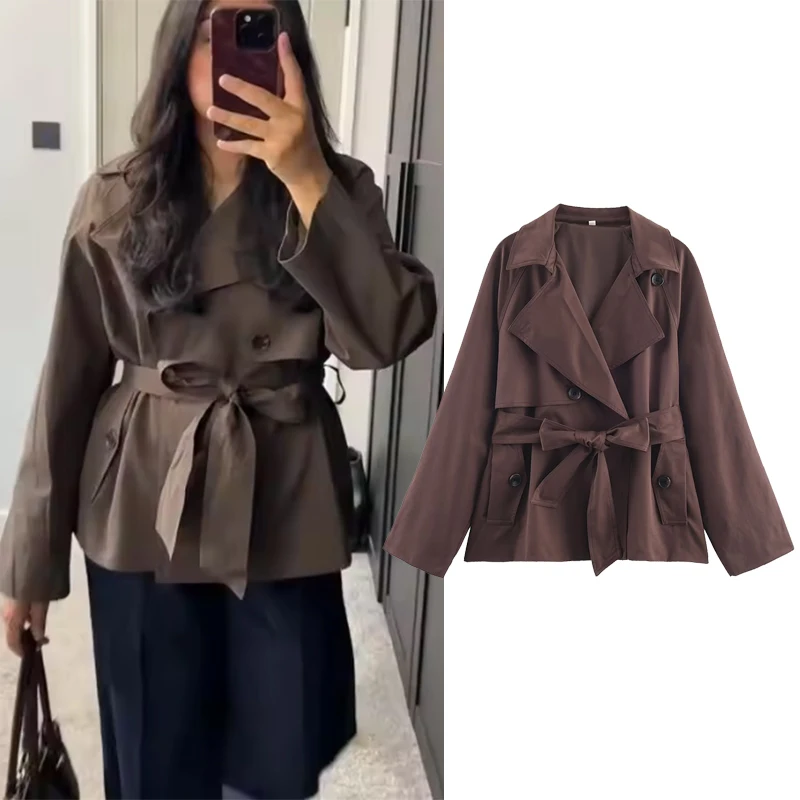 

Женский короткий плащ, осенний модный двубортный плащ с поясом, винтажная женская верхняя одежда, шикарные топы