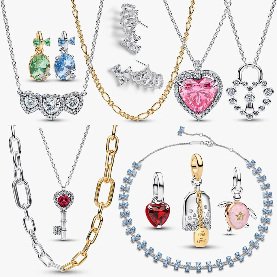 

2026 New 925 Silver Pink Turtle Love Bee Beads Heart to Heart Bow ME Bead Necklace Exquisite DIY Charm Jewelry